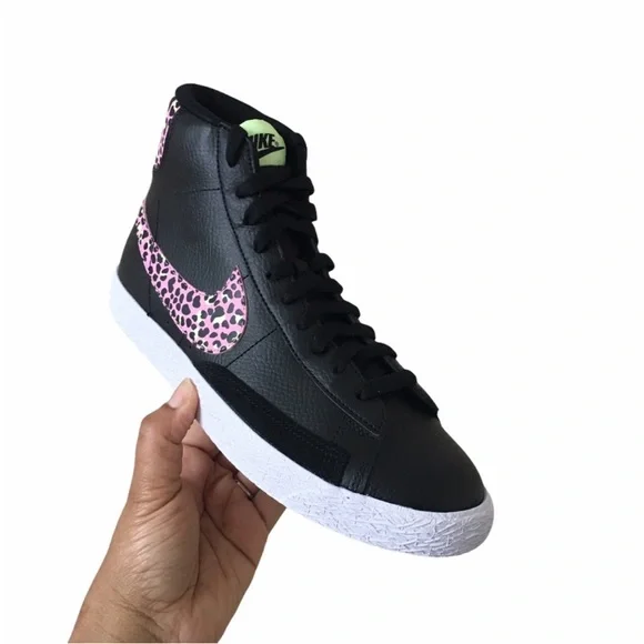 Nike Blazer Mid Black and Pink Leopard Print Sneakers - Picture 3 of 7